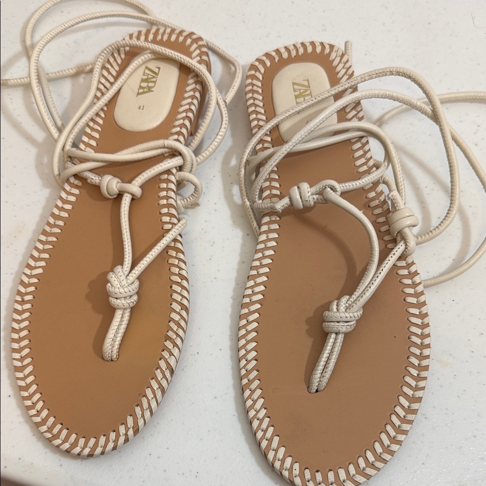 Zara Cream & Tan Lace-Up Sandals